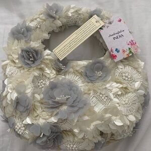 Floral Embellished Cream and Gray Handbag